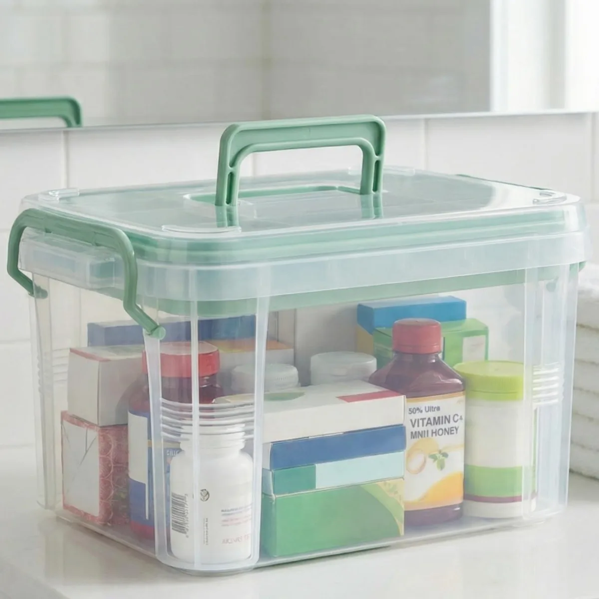 Green plastic tool storage box with handle and clasp, 11.6 inches long