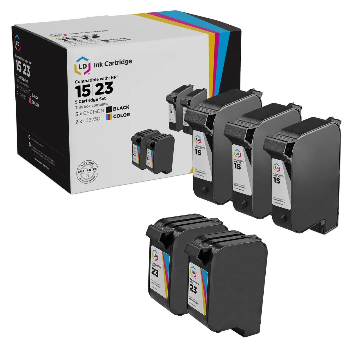 LD Products LD Products HP 15/23 Reman Ink Cartridges 5pk (3 Black 2 Tri) + 20 Photo Paper — product photo