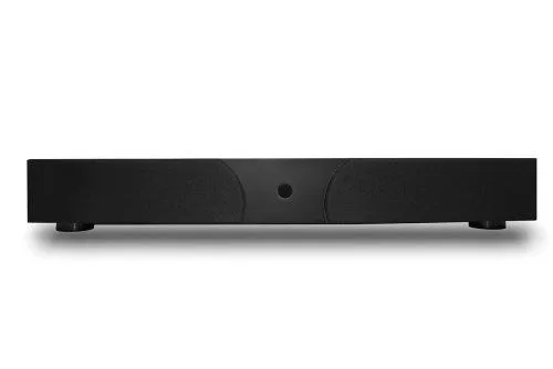 Rectangular black sound stand with front speaker grille and flat top surface