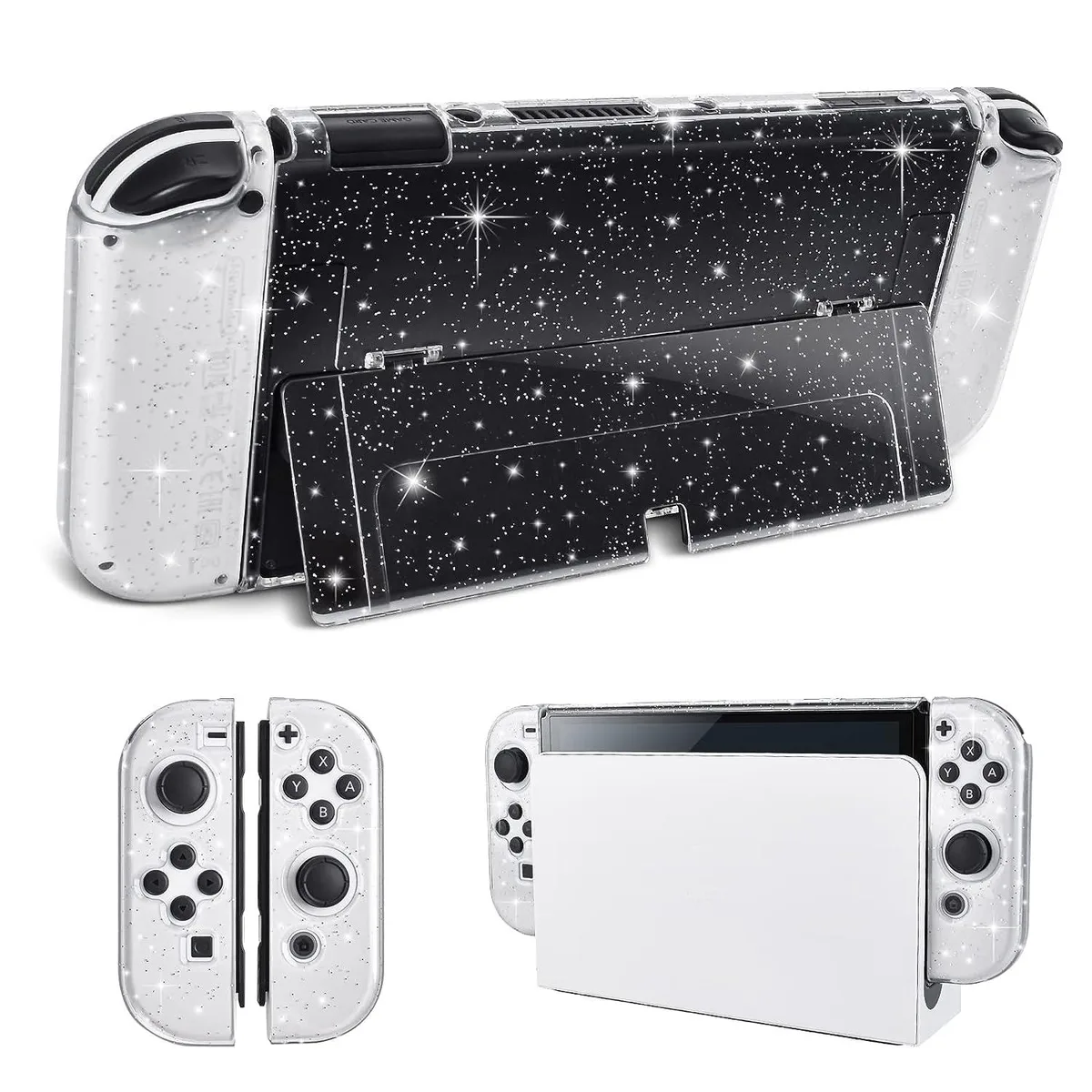 Clear glitter-finish TPU case shaped for Switch OLED console