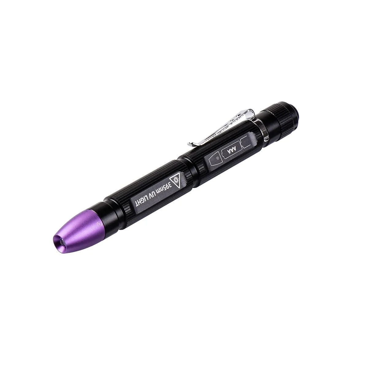 Black aluminium UV penlight, 133 mm long, with pocket clip