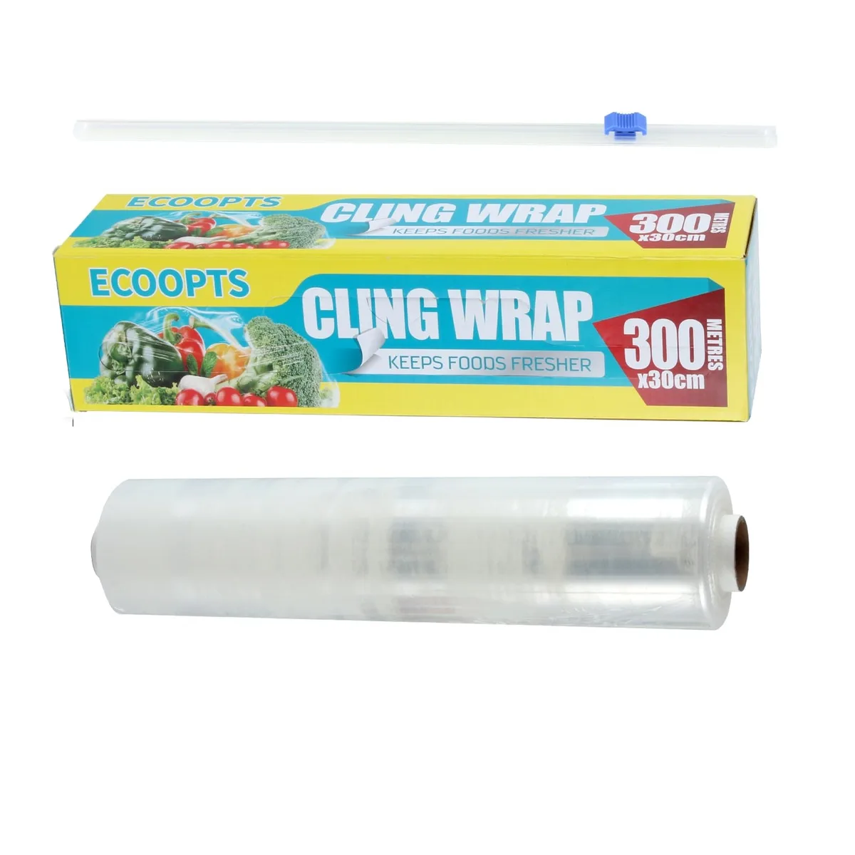 Clear polyethylene food wrap roll with slide cutter in cardboard box