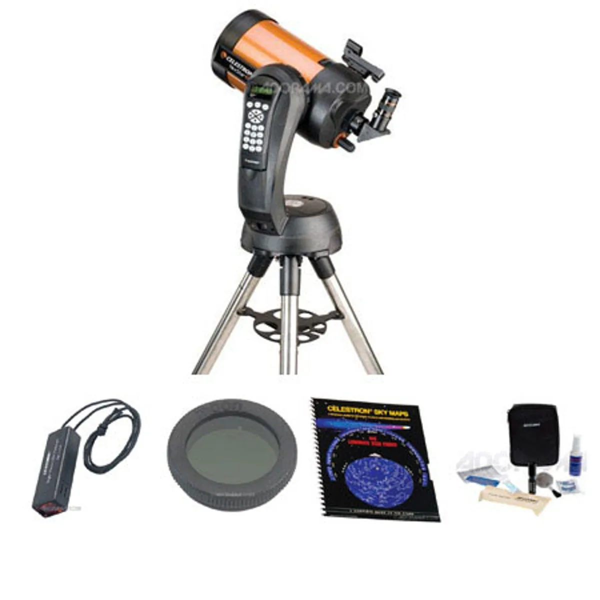 Orange Schmidt-Cassegrain telescope on fork arm mount with tripod and accessories