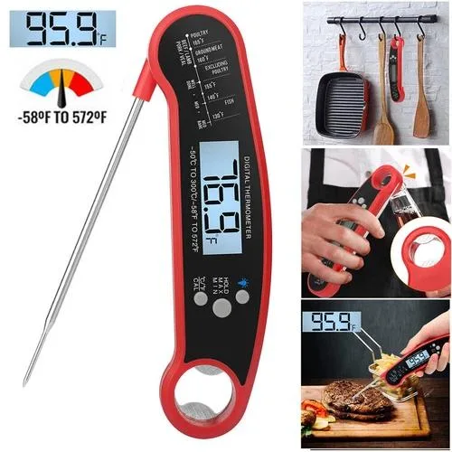 Black digital instant-read thermometer with fold-out probe and IP67 rating