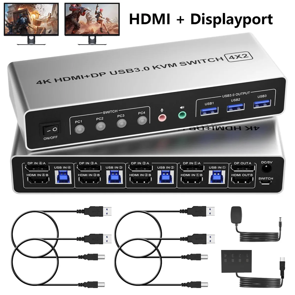 Hitoor Hitoor 4-Port Dual Monitor KVM Switch 4K@60Hz 3×USB 3.0 Audio — product photo