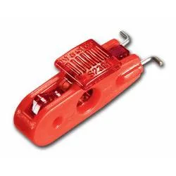 Red plastic and steel miniature breaker lockout, pin-out wide design, .7 by 4.5 by 2.4 inches