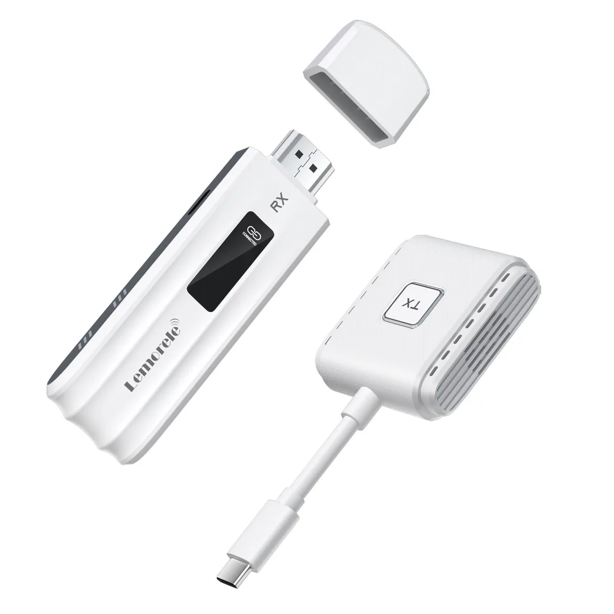 White compact wireless HDMI kit with USB-C transmitter and small receiver unit