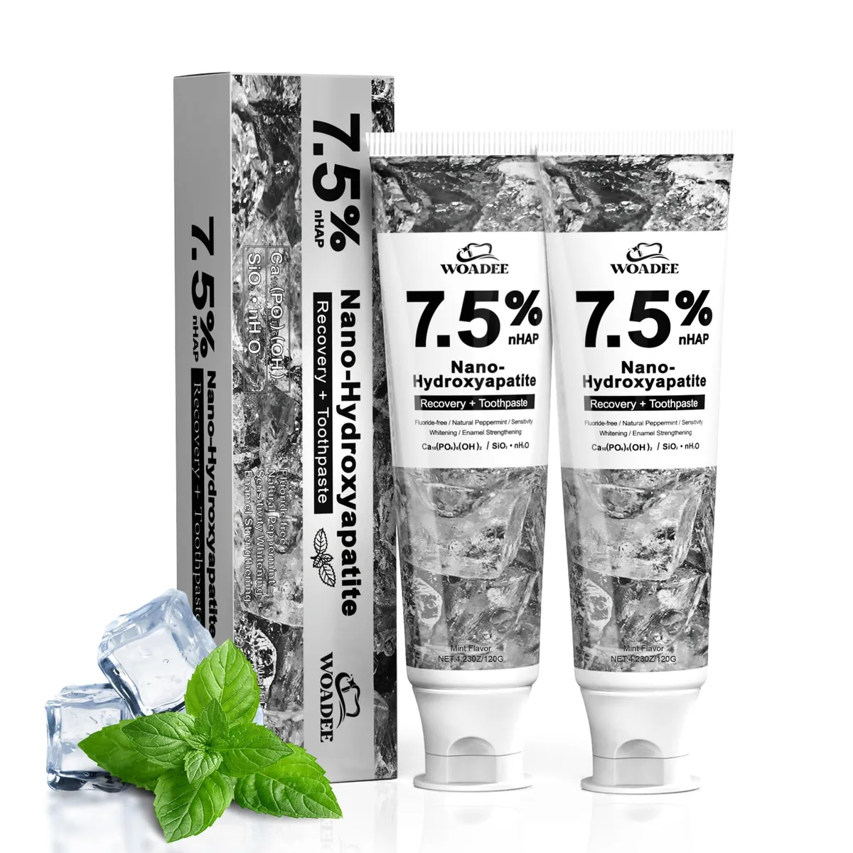 Two gray toothpaste tubes in rectangular box packaging