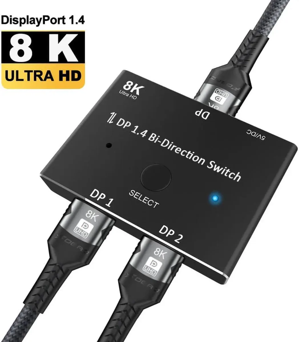 Compact silver alloy DisplayPort switch box with select button and indicator lights