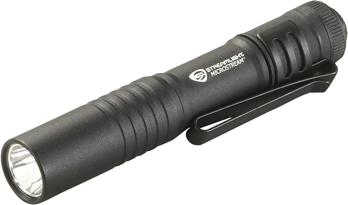 Black anodized aluminium pocket flashlight with removable clip