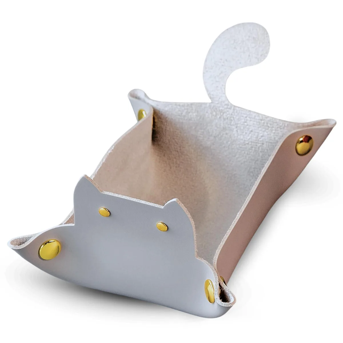Gray foldable dice tray with cat-shaped walls and snap corners