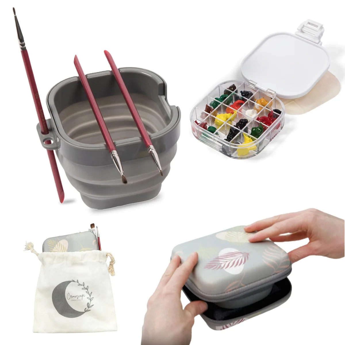 Fuchsia airtight watercolor palette set with lid, brush holder cup, acrylic palette, cleaner cup, towel
