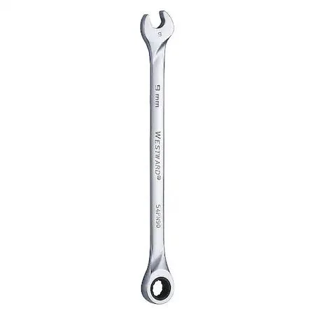 Westward 9 mm ratcheting combination wrench, chrome alloy steel, 15 degree offset