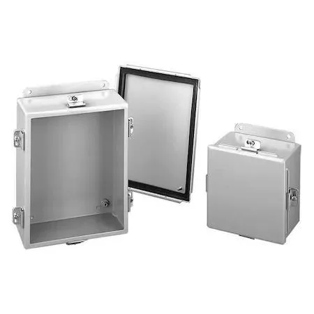 Gray powder-coated carbon steel enclosure 10 in high 4 in deep with clamp cover