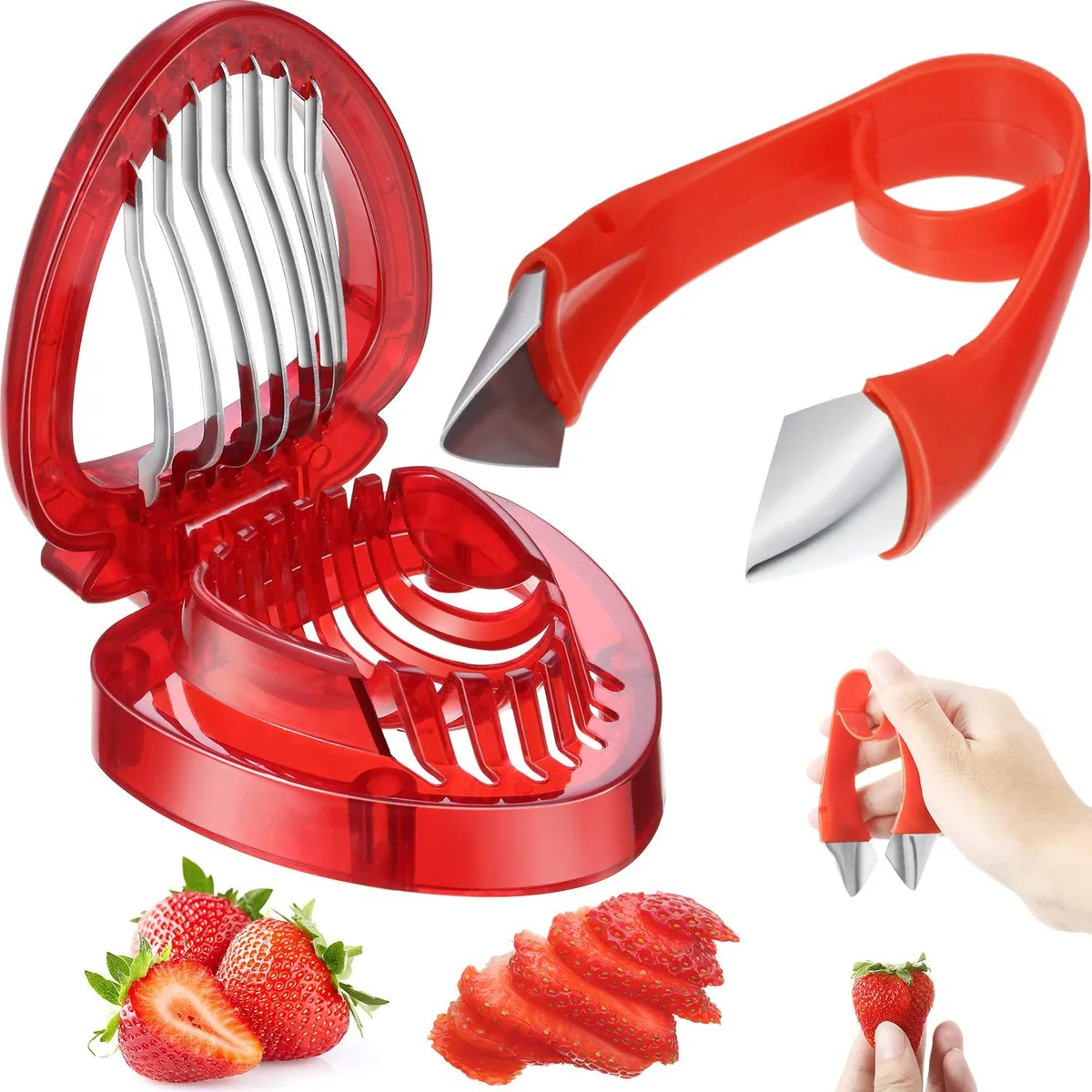 Red plastic strawberry-shaped slicer and V-shaped huller with stainless steel blades