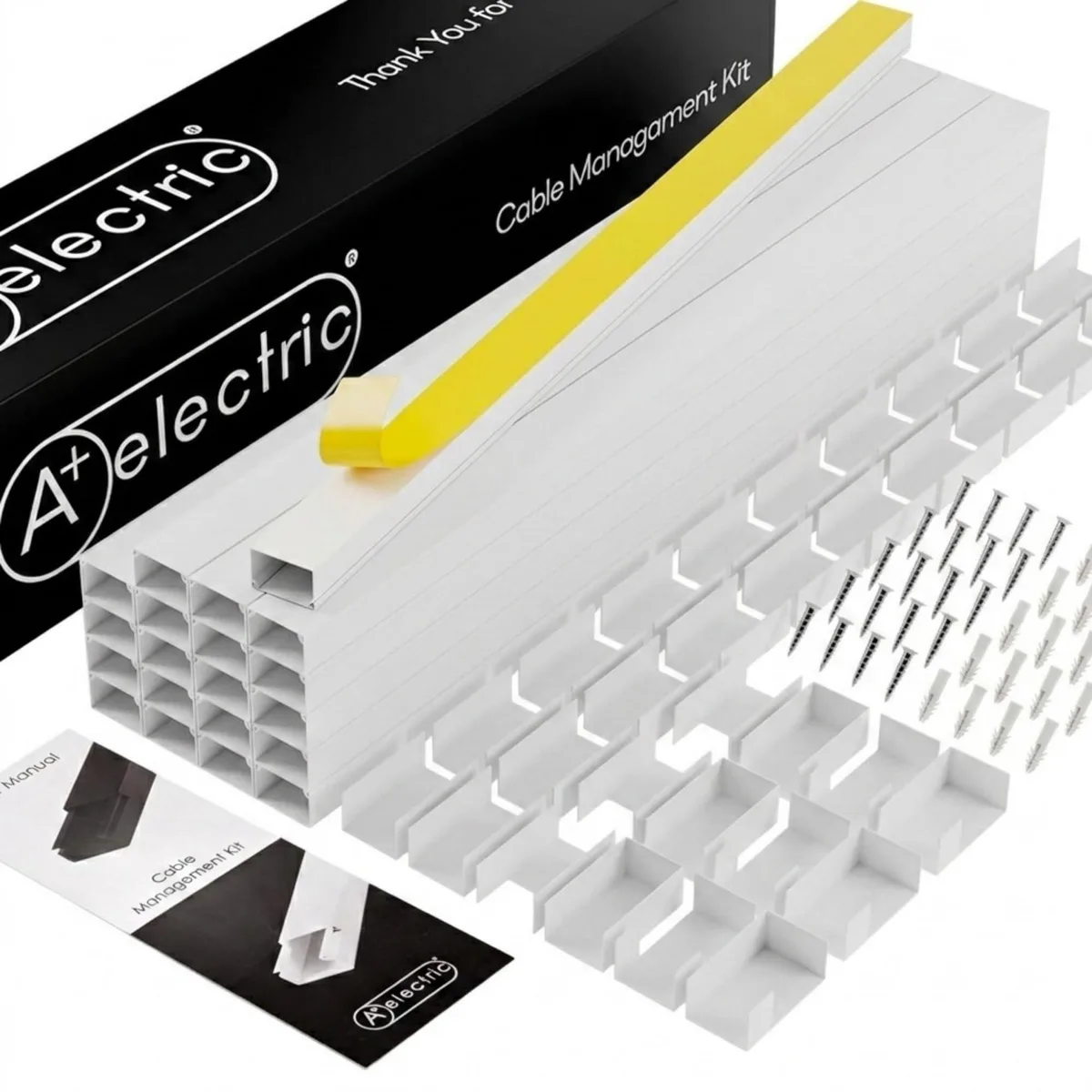 White PVC cable raceway kit, 20 snap-on channels, 315 inches total length, self-adhesive backing, includes connectors and corners