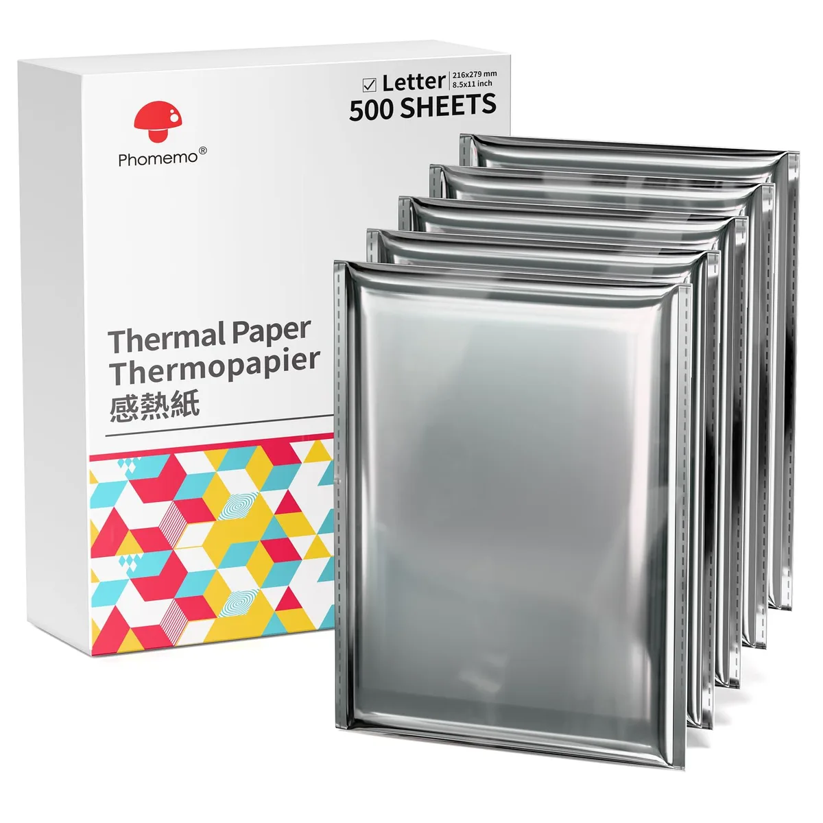 Stack of white matte thermal paper sheets 8.5 by 11 inches 500 count