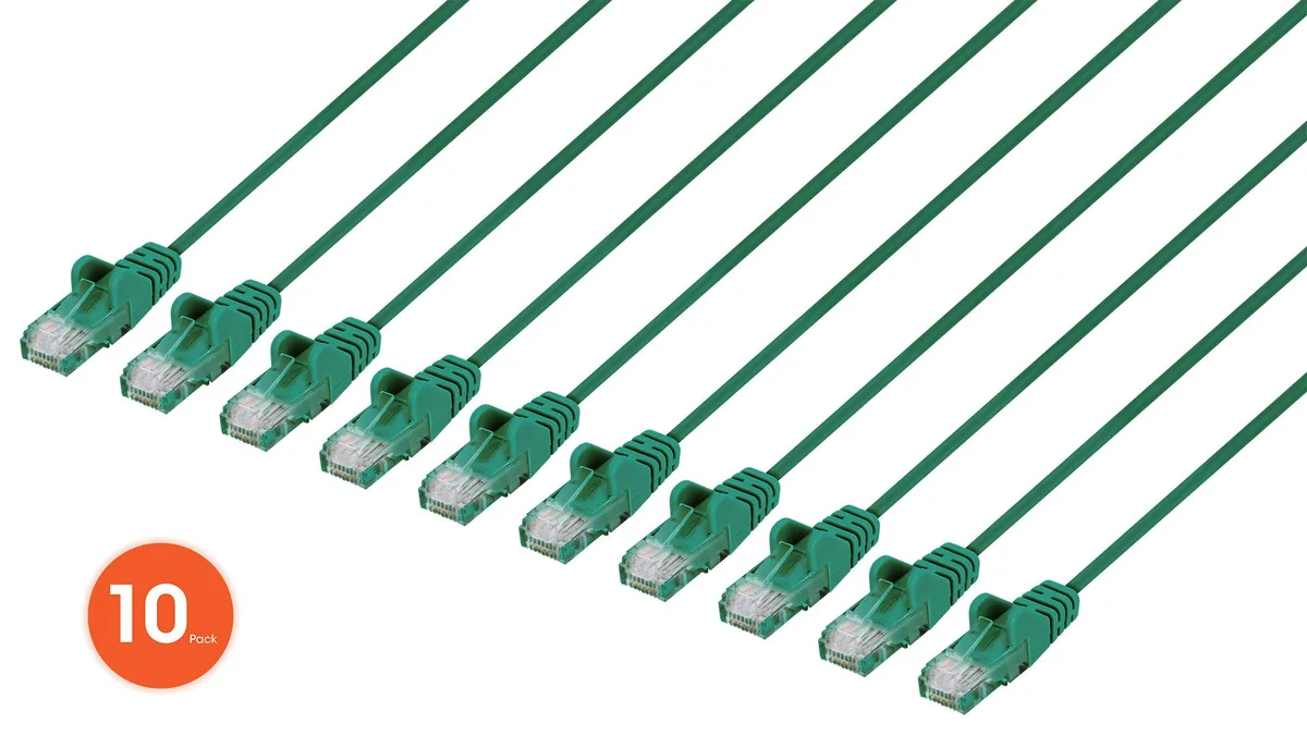 Ten green slim Cat6 patch cables with RJ45 connectors, one foot each