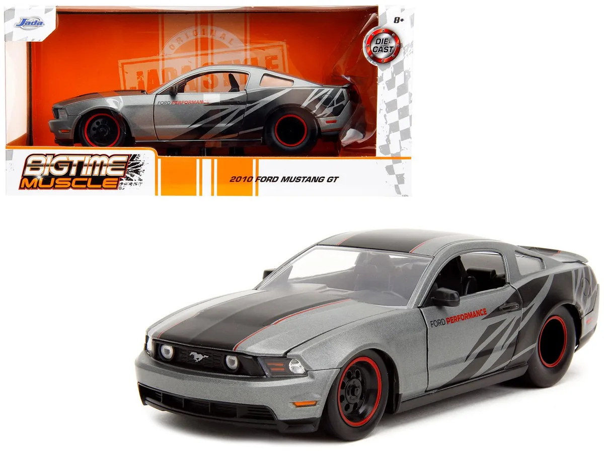 Jada Jada 2010 Ford Mustang GT Matt Gray Metallic Black Graphics Stripes Ford Performance 1/24 Diecast — product photo