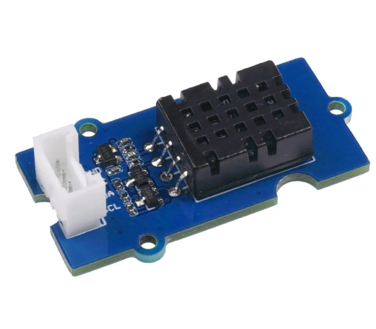 Small rectangular green circuit board with white sensor module and four-pin Grove connector