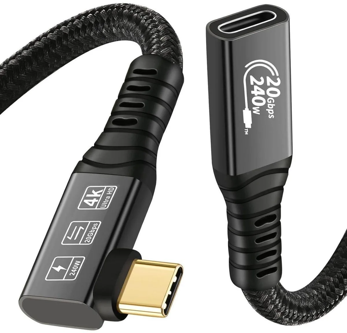 Aomoproing Aomoproing USB C 3.2 extension cable 10ft 90 degree 20Gbps 240W — product photo