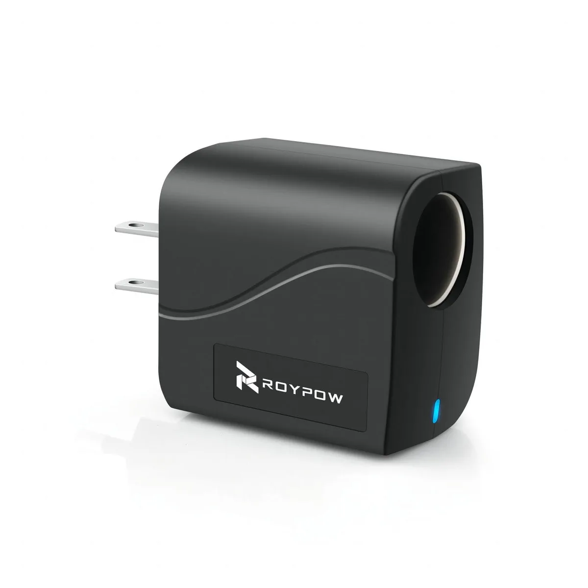Small black AC to DC adapter with cigarette lighter socket, 58 by 53 by 33 mm