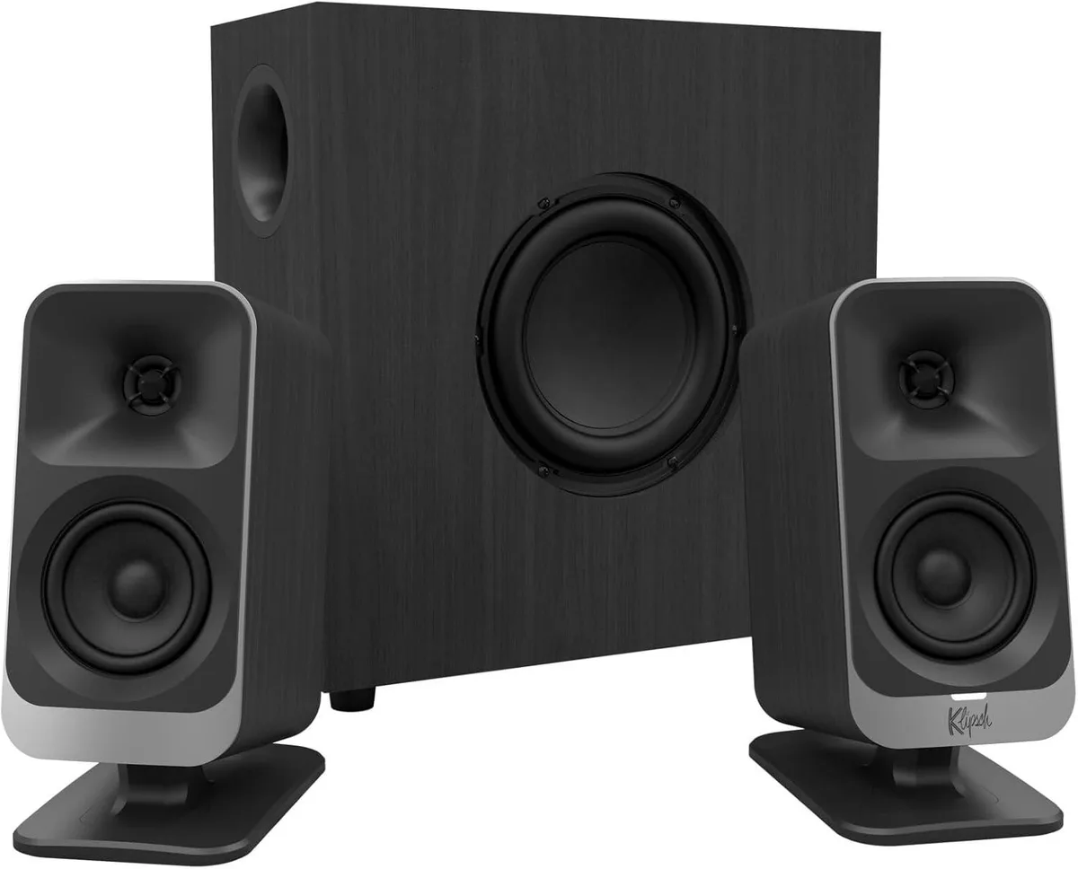 Black 2.1 speaker system with two compact satellites and a slim subwoofer