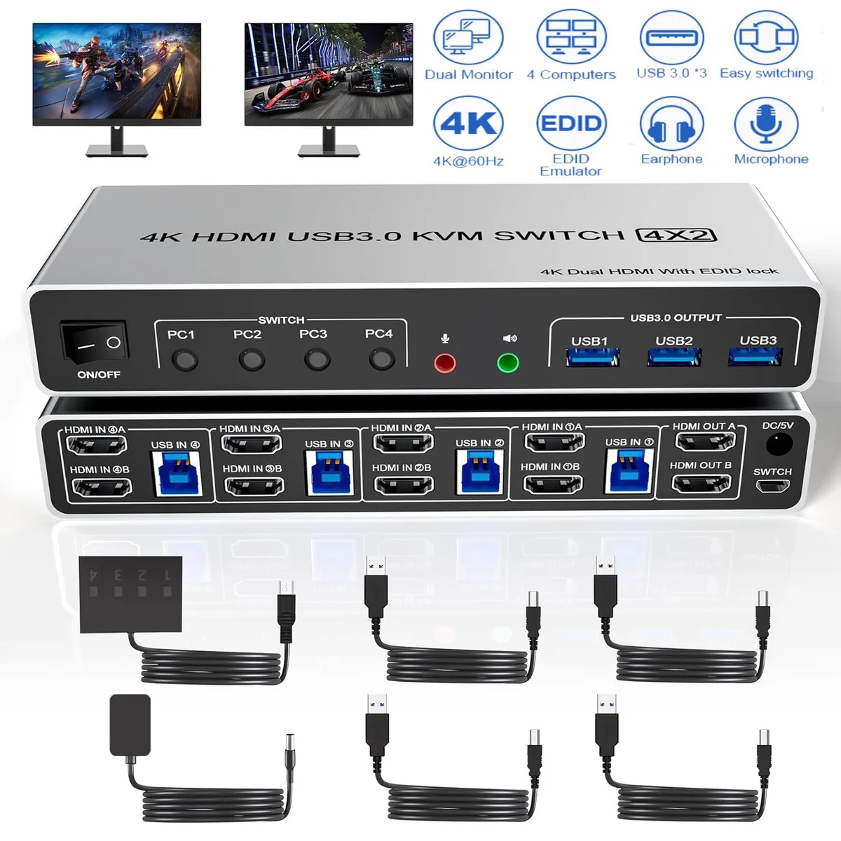 IHDAPP IHDAPP 402HD KVM Switch 4 PC 2 Monitor 4K 60Hz USB 3.0 — product photo
