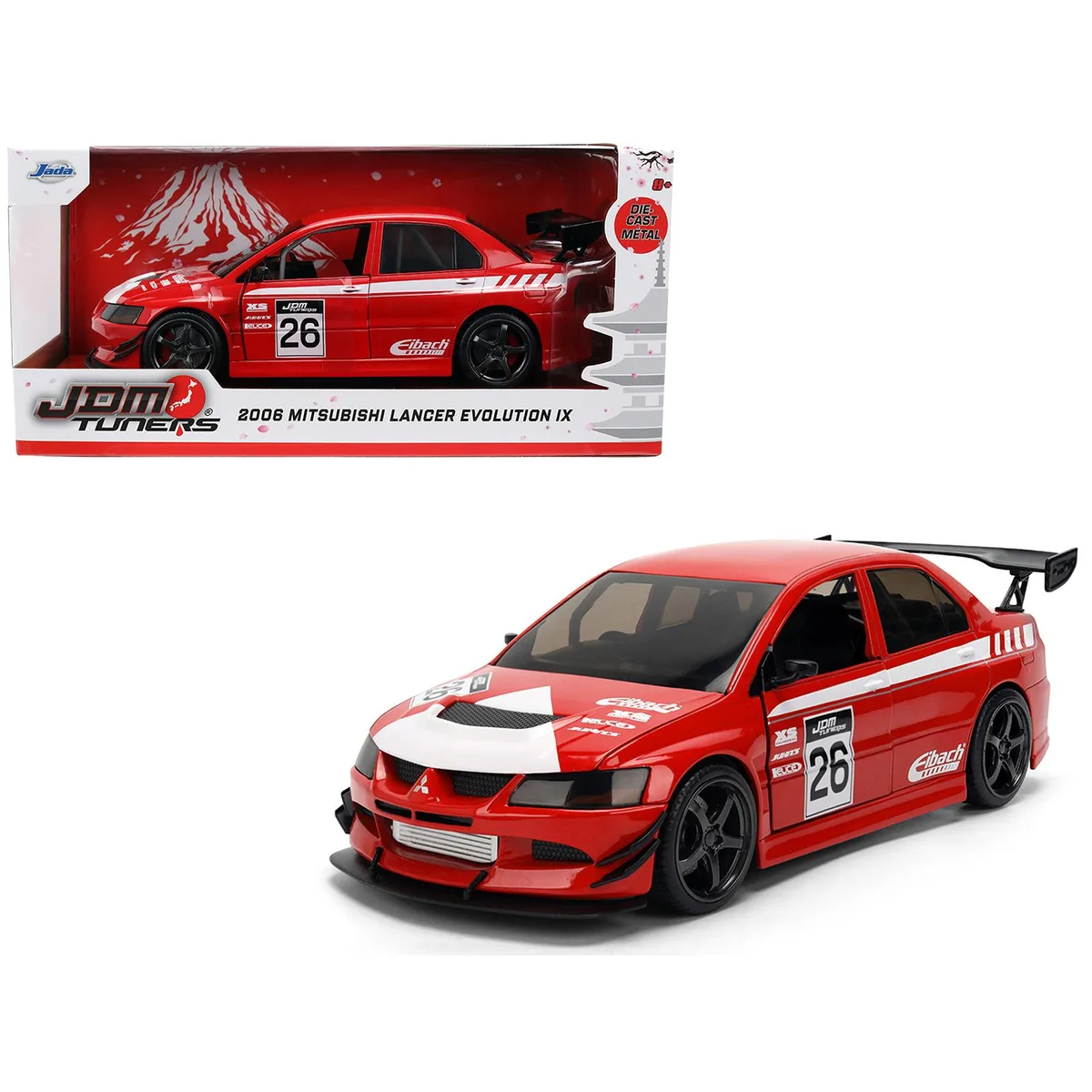 Jada Jada 2006 Mitsubishi Lancer Evolution IX RHD #26 Red White Graphics JDM Tuners 1/24 Diecast Hobby Collectible — product photo