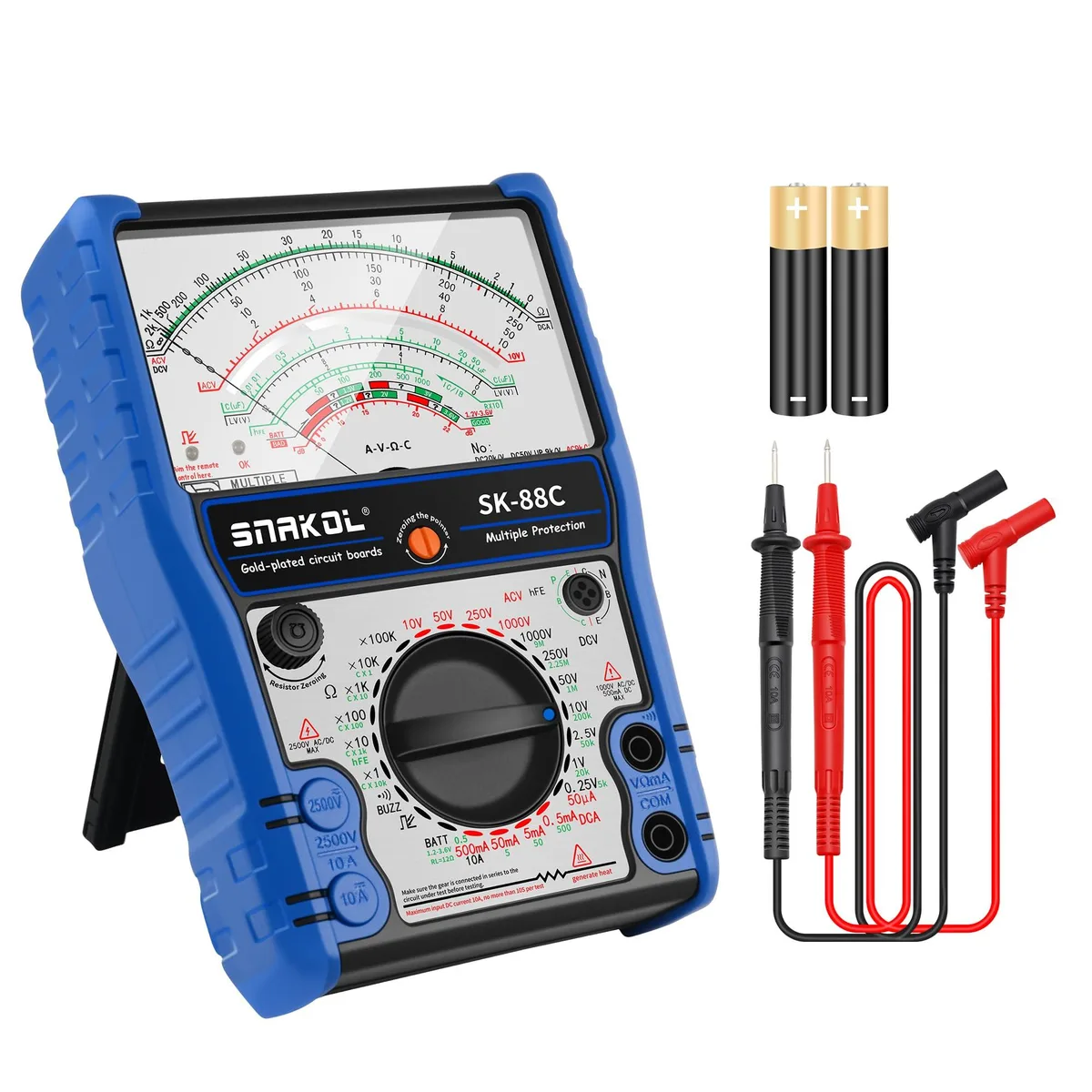 Yellow analog multimeter in orange silicone sleeve with test leads, stand and magnetic back
