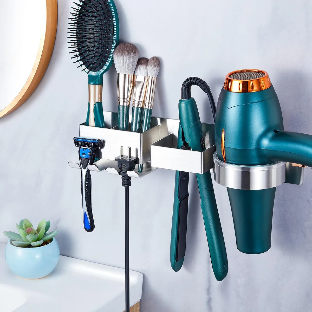 Silver wall-mounted metal hair dryer and straightener holder with silicone pads and cord hooks