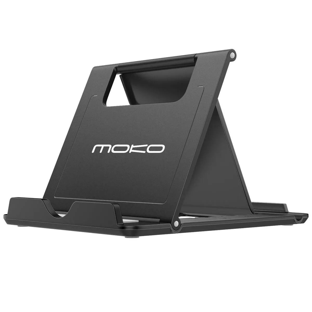 Black foldable phone and tablet stand, flat rectangular form, rubber pads visible