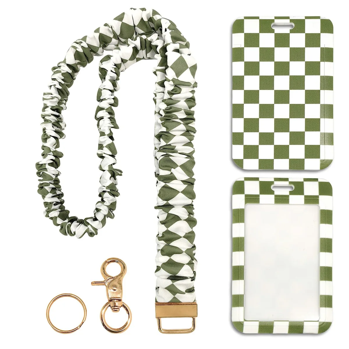  CLYAIDET Scrunchie Lanyard Checkered Green with ID Holder and Keychain — product photo