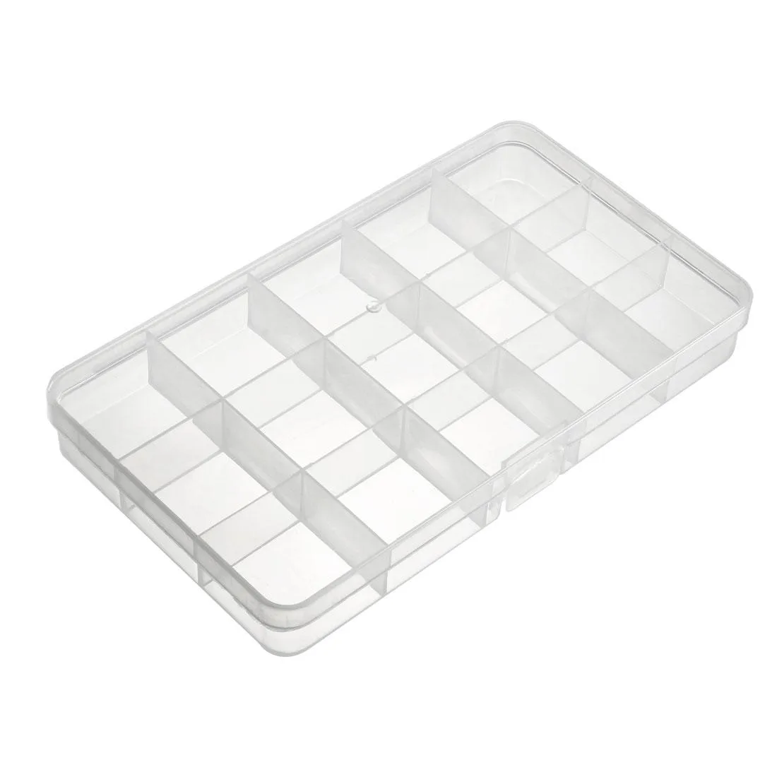 Clear white plastic box with 15 fixed compartments and single buckle closure