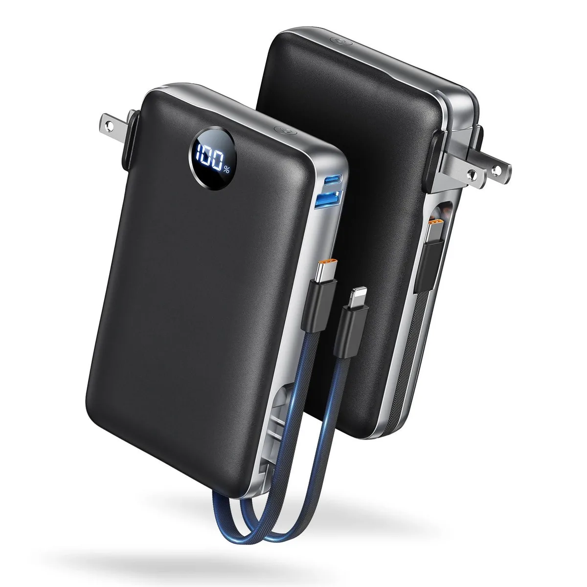 Silver and black rectangular power bank with foldable wall plug and built-in cables