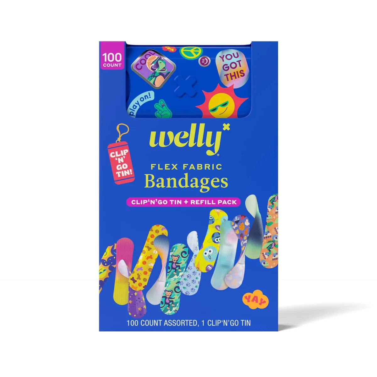 A refillable tin with 10 fabric bandages and a 90-count carton, 100 total