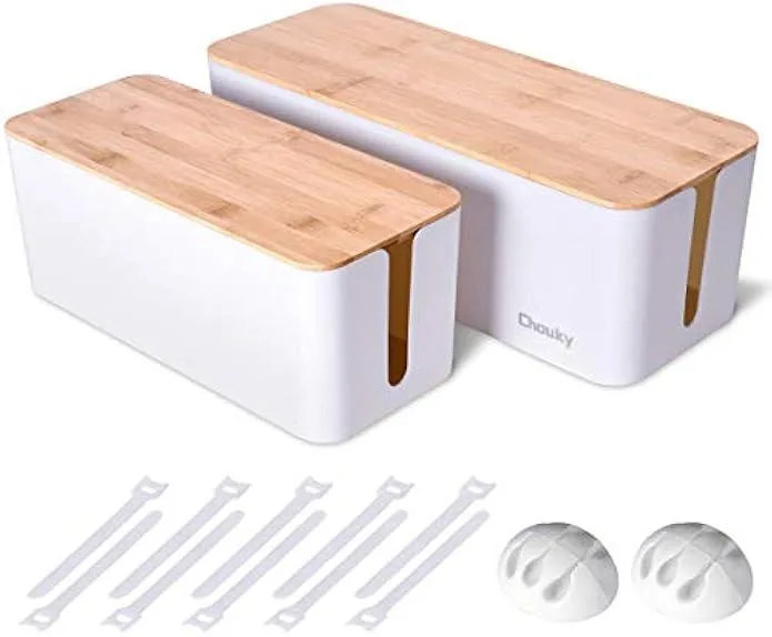 Two white cable boxes with wood-grain lids, medium and large, plus ties, clips and fabric sleeve