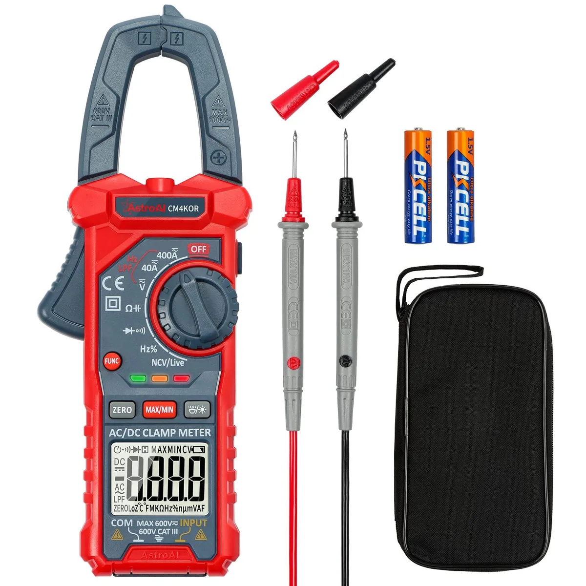 Blue digital clamp meter with LCD display, test leads and storage bag