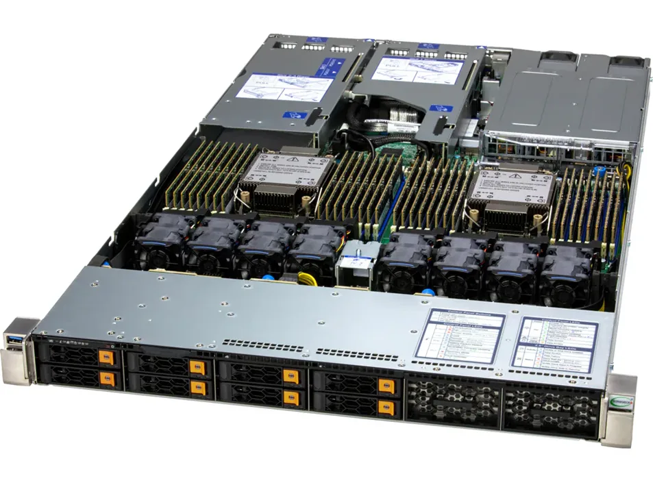 Supermicro Supermicro SYS-122H-TN 1U rack server, 8×2.5″ NVMe/SAS/SATA bays, 3 PCIe 5.0 x16 slots, dual Xeon 6700 support — product photo