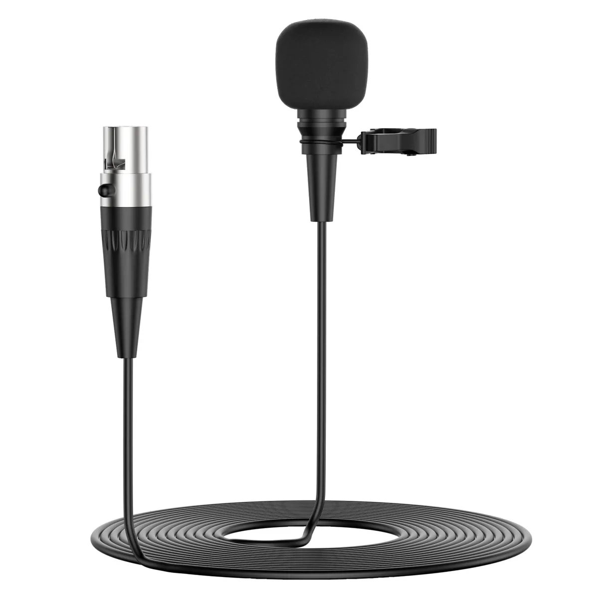 Black lavalier microphone with mini XLR TA4F connector and metal clip