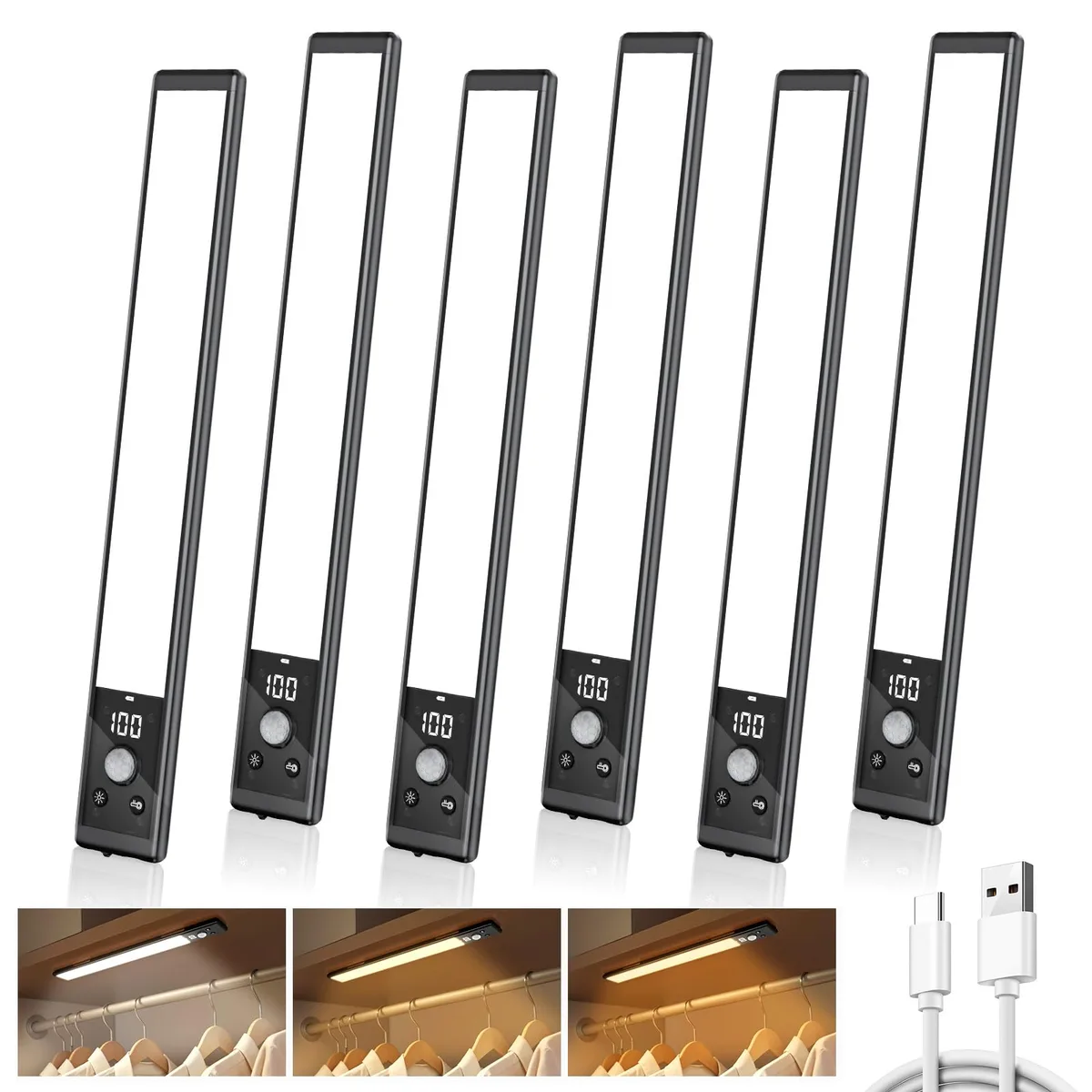 Six white 10-inch aluminium light bars with clear prismatic covers and digital battery display