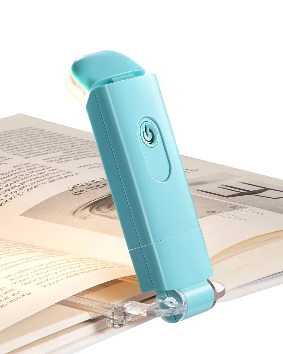 Blue clip-on LED book light with flexible neck and transparent clamp, USB port visible