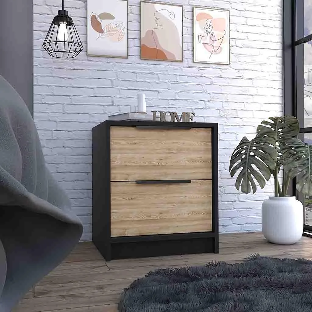 Black pine nightstand with two drawers, 19 inches high