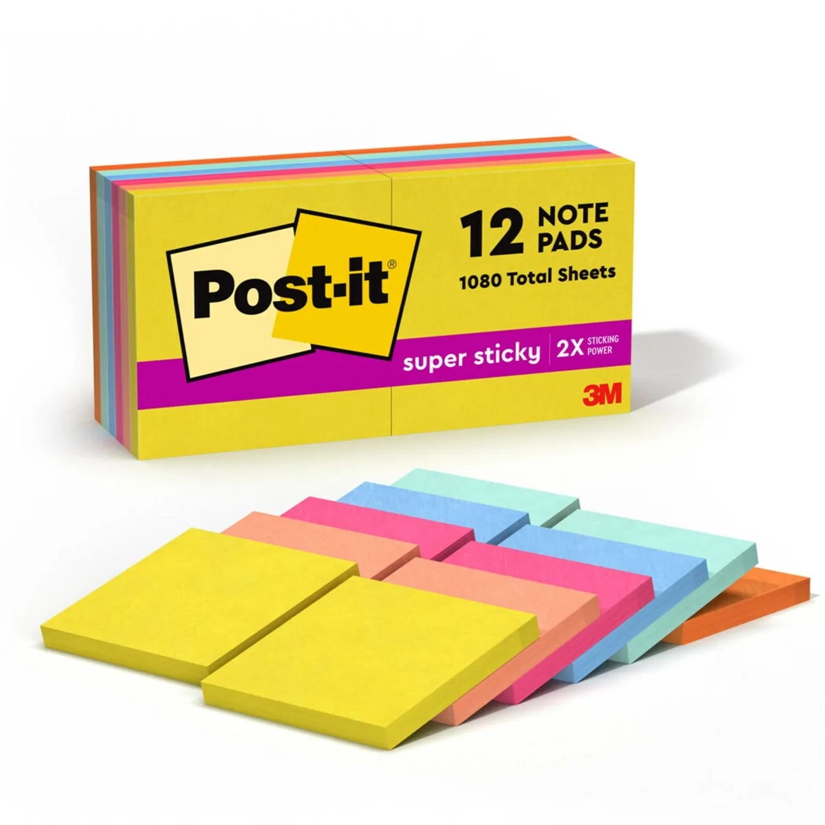 Twelve square pads of bright Summer Joy sticky notes in a paperboard carton