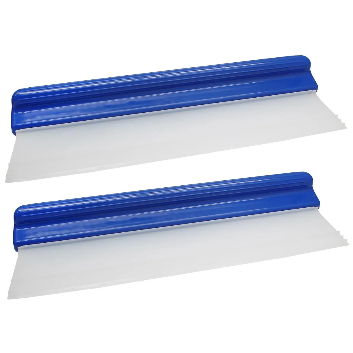 Two blue 12 inch silicone squeegees with T-shaped blades and ergonomic handles
