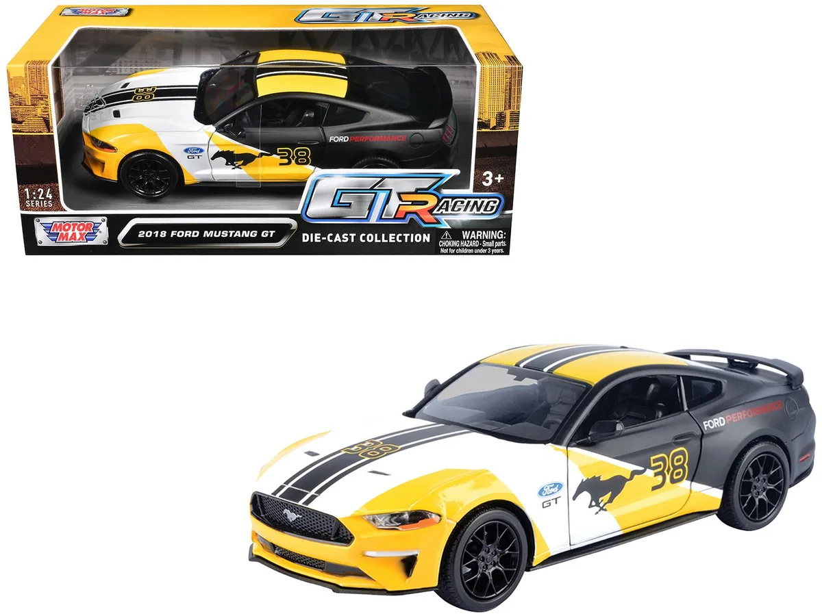 MOTORMAX MOTORMAX 2018 Ford Mustang GT #38 1/24 Diecast White Matt Black Yellow Graphics — product photo