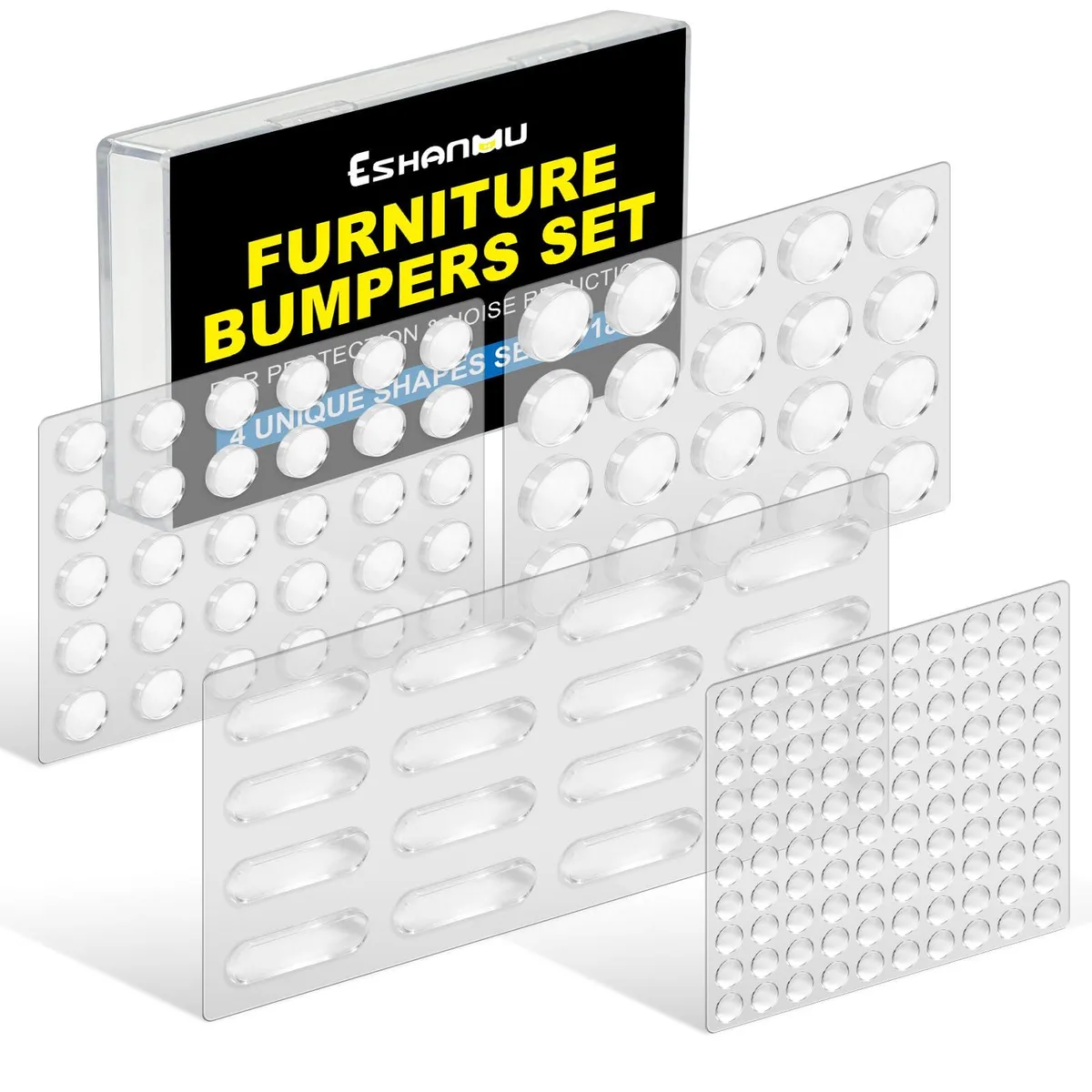 Clear silicone bumper pads in four shapes, 182 pieces on backing sheets