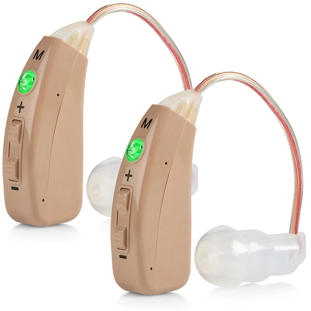 A pair of beige behind-the-ear hearing amplifiers with charging dock