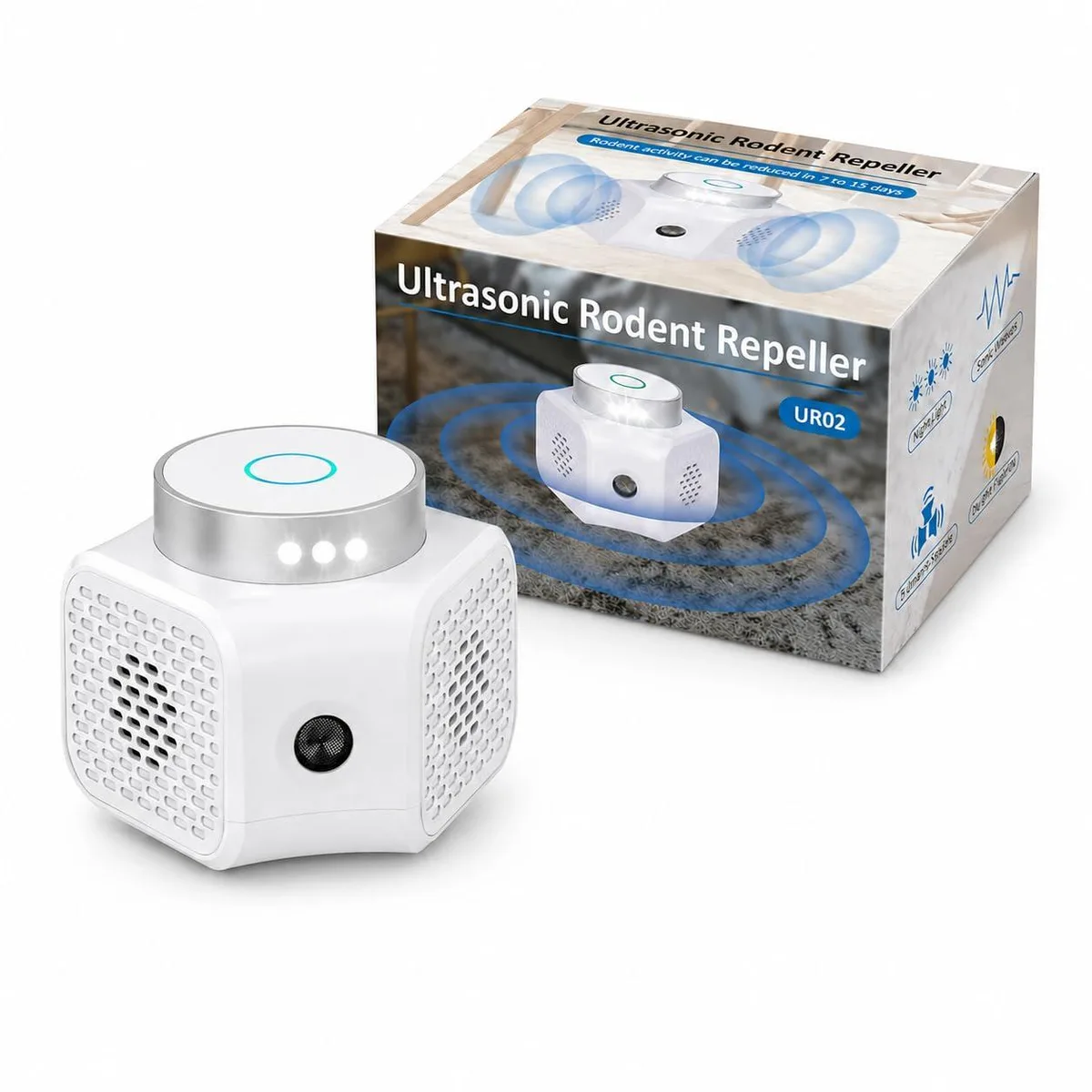 White rectangular plug-in unit with front speaker grille and LED strobe light