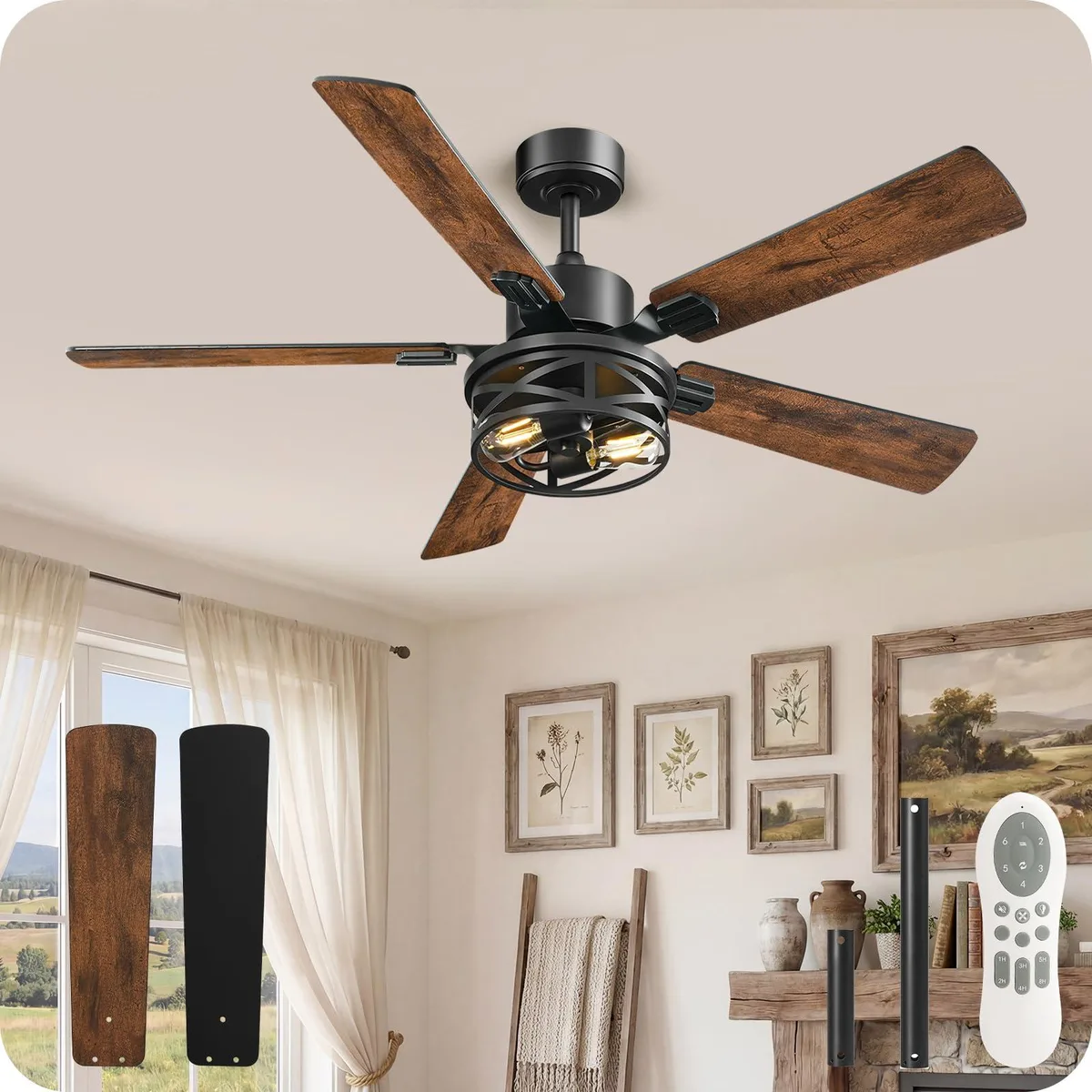 42 inch matte black caged ceiling fan with five dual-tone walnut and black blades, LED light, remote control and 4.5 inch downrod